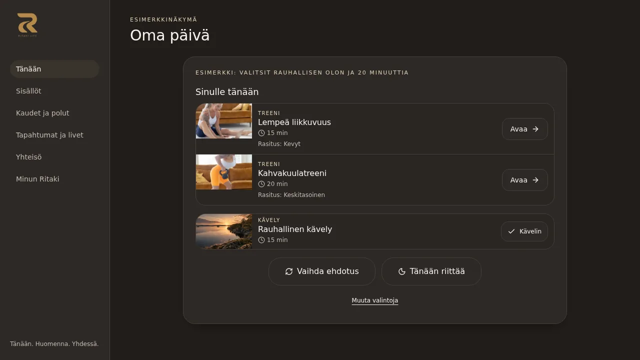 Esimerkkinäkymä Ritaki Lifen Tänään-sivusta ja päivän lempeästä liikkuvuusehdotuksesta.